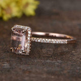 1.5ct Emerald Cut Morganite Engagement Ring Round Accent Halo 14k Rose Gold Over