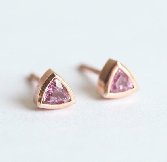 1.2ct Trillion Cut Pink Sapphire Solitaire Stud Earrings 14k Rose Gold Finish