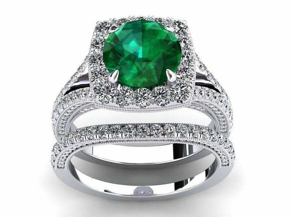 3ct Round Cut Green Emerald Split Shank Halo Bridal Set Ring 14k White Gold Over