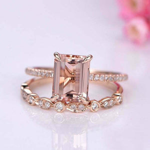 2.5ct Emerald Cut Peach Morganite Engagement Ring Bridal Set 14k RoseGold Finish