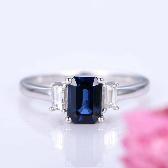 1.5ct Emerald Blue Sapphire Engagement Ring Diamond Trilogy 14k White Gold Over