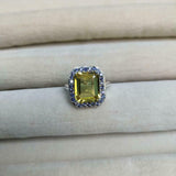 2.7ct Emerald Cut Yellow Citrine Blue Sapphire Halo Ring 14k White Gold Finish