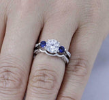 2ct Round Cut Diamond Blue Sapphire Bridal Set Trilogy Ring 14k WhiteGold Finish