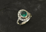 2.7ct Oval Cut Green Emerald Vintage Inspired Halo Ring 14k White Gold Finish