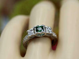 1.5ct Round Cut Green Emerald Milgrain Diamond Accent Ring 14k White Gold Finish