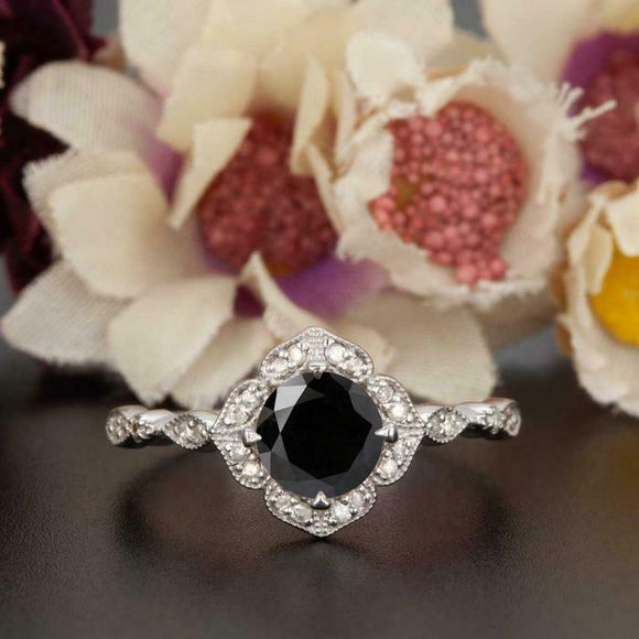 1.2ct Round Cut Black Diamond Engagement Ring 14k White Gold Finish Halo Vintage