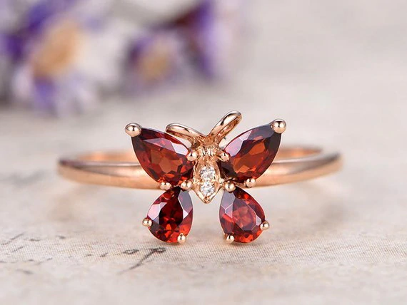 1.2ct Pear Cut Red Garnet Engagement Ring Butterfly Design 14k Rose Gold Finish