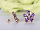 1ct PearCut Purple Amethyst Royal Floral Stud Earring Women 14k Rose Gold Finish