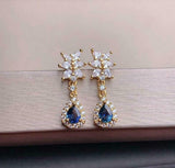 2.1ct Drop Earrings Pear Cut Blue Sapphire Halo Cluster 14k Yellow Gold Finish