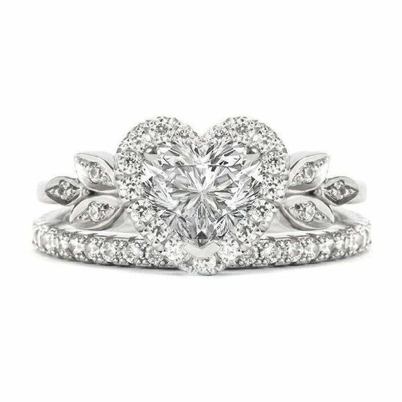 2.25ct Heart Cut Diamond Engagement Ring Bridal Set Halo 14k White Gold Finish