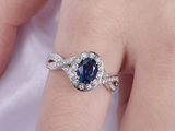 1.5ct Oval Cut Blue Sapphire Halo Diamond Infinity Ring 14k White Gold Finish