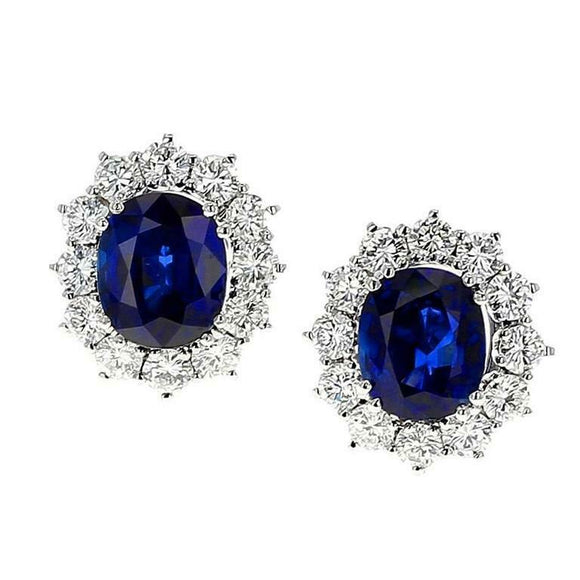 2ct Oval Cut Blue Sapphire Round Diamond Halo Stud Earrings 14k WhiteGold Finish