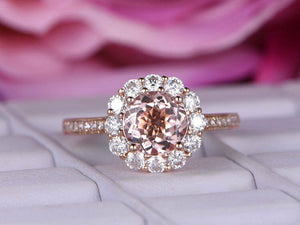 2ct Round Cut Peach Morganite Engagement Ring 14k Rose Gold Finish Halo Floral