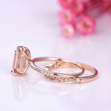 2.5ct Emerald Cut Peach Morganite Engagement Ring Bridal Set 14k RoseGold Finish