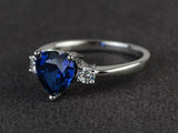 1.4ct Engagement Ring Heart Cut Blue Sapphire Three Stone 14k White Gold Finish