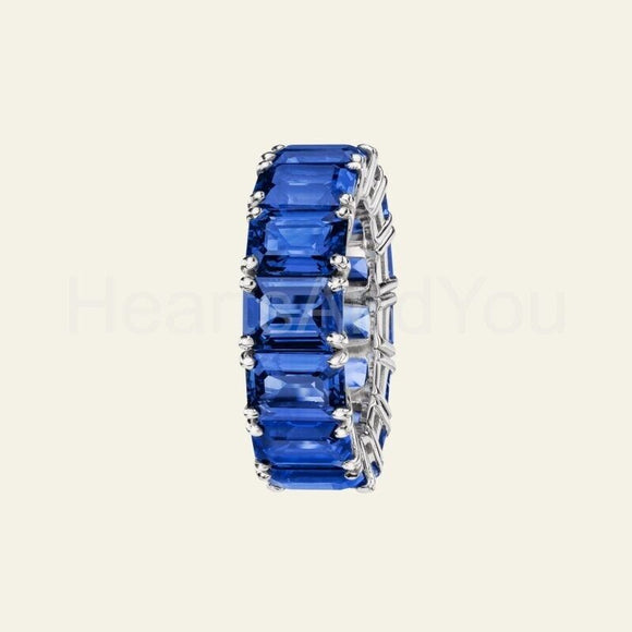 4ct Emerald Cut Simulated Blue Sapphire Full Eternity Band 14k White Gold Plated