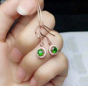 1.6ct Drop Earrings Round Cut Green Emerald Halo Fish Hook 14k Rose Gold Finish