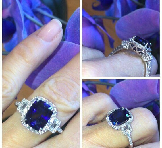 1.5ct Cushion Cut Blue Sapphire 3 Stone Engagement Ring 14k White Gold Finish