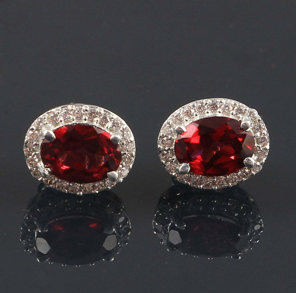 2.4ct Stud Earrings Oval Cut Red Garnet Diamond Halo Women 14k White Gold Finish