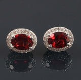 2.4ct Stud Earrings Oval Cut Red Garnet Diamond Halo Women 14k White Gold Finish