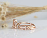 2.2ct Emerald Cut Peach Morganite Milgrain Bridal Set Ring 14k Rose Gold Finish