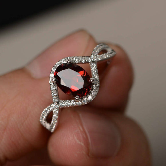 2ct Oval Cut Red Garnet Infinity Promise Engagement Ring 14k White Gold Finish