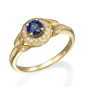 2ct Round Cut Blue Sapphire Engagement Ring Leaf Design Halo 14k YellowGold Over