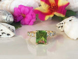 2.1ct Radiant Cut Green Peridot Round Diamond Accent Ring 14k Yellow Gold Finish