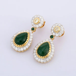 2.9ct Drop Earrings Pear Cut Green Emerald Tear Drop Halo 14k Yellow Gold Finish