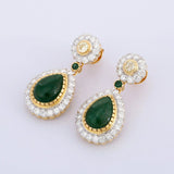 2.9ct Drop Earrings Pear Cut Green Emerald Tear Drop Halo 14k Yellow Gold Finish