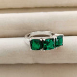 2.6ct Engagement Ring Cushion Cut Green Emerald Three Stone 14k WhiteGold Finish