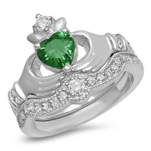 2ct Heart Cut Green Emerald Diamond Claddagh Bridal Set Ring 14k White Gold Over