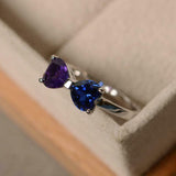 1.2ct Heart Cut Amethyst & London Blue Topaz Bow Knot Ring 14k White Gold Finish