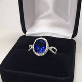 2ct Oval Cut Blue Sapphire Halo Split Band Engagement Ring 14k White Gold Finish