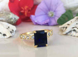 2.1ct Emerald Cut Blue Sapphire Round Diamond Accent Ring 14k Yellow Gold Finish