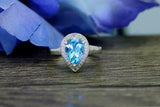 2ct Pear Blue Topaz Engagement Ring Diamond Halo Solitaire 14k White Gold Finish