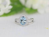 4Ct Oval Blue Aquamarine Bridal Set Diamond Halo Ring Band 14K White Gold Finish