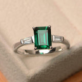 2ct Green Emerald Cut Trilogy Ring 14k WhiteGold Finish Tapered Baguette Accents