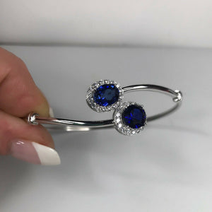 2ct Oval Round Blue Sapphire Halo Open Cuff Women Bracelet 14k White Gold Finish