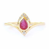 1.5ct Pear Cut Pink Ruby Wedding Band Curved Chevron Crown 14k YellowGold Finish