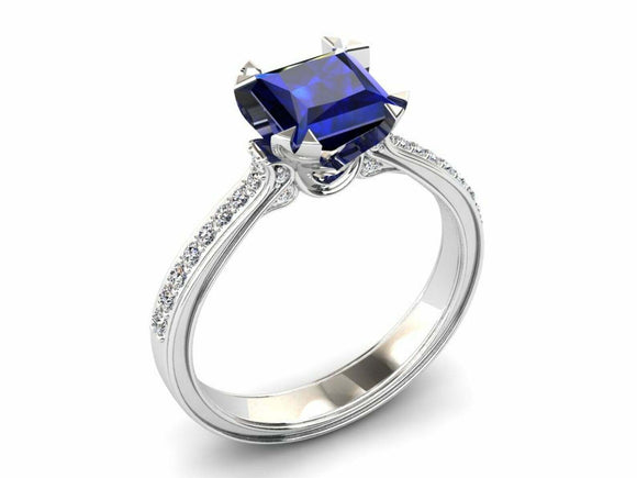 1.5ct Princess Cut Blue Sapphire Engagement Ring Solitaire 14k White Gold Finish