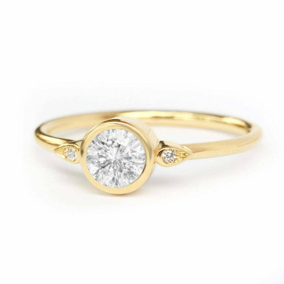 1.2ct Round Cut Diamond Engagement Ring Bezel Set Trilogy 14k Yellow Gold Finish