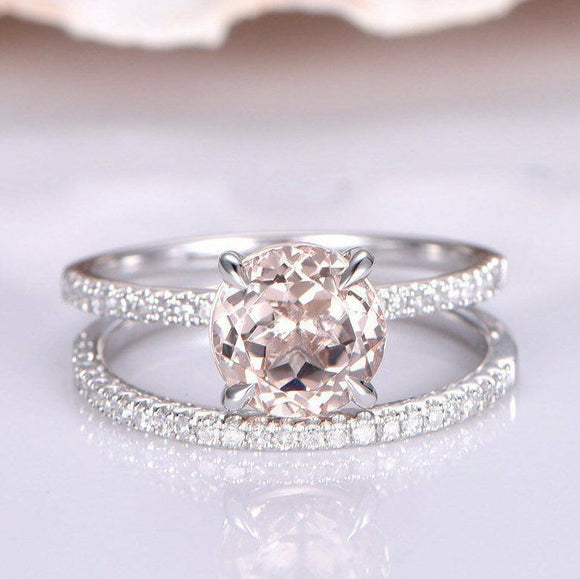 1.9ct Round Cut Peach Morganite Bridal Set Engagement Ring 14k White Gold Finish