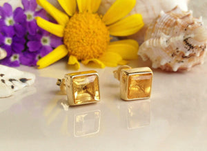 1.6ct Stud Earrings Princess Cut Yellow Citrine Solitaire 14k Yellow Gold Finish