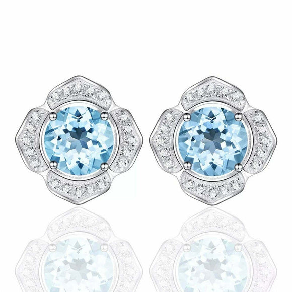 2.5ct Stud Earrings Round Cut Blue Topaz Diamond Floral 14k White Gold Finish