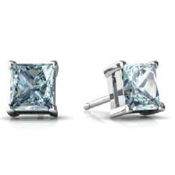 1.5ct Stud Earrings Princess Cut Blue Aquamarine Solitaire 14k White Gold Finish