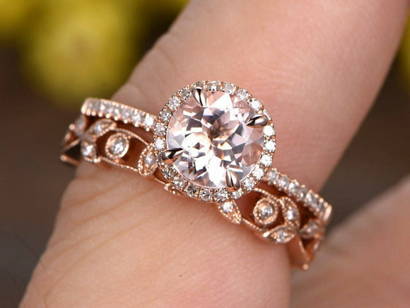 2ct Round Cut Peach Morganite Engagement Ring 14k Rose Gold Over Halo Bridal Set