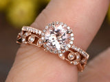 2ct Round Cut Peach Morganite Engagement Ring 14k Rose Gold Over Halo Bridal Set