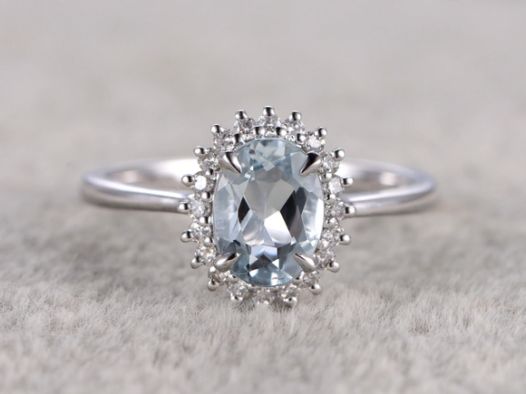 2ct Oval Cut Blue Aquamarine Engagement Ring Diamond Floral 14k WhiteGold Finish