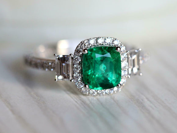 2ct Engagement Ring Cushion Cut Green Emerald Diamond Halo 14k White Gold Finish